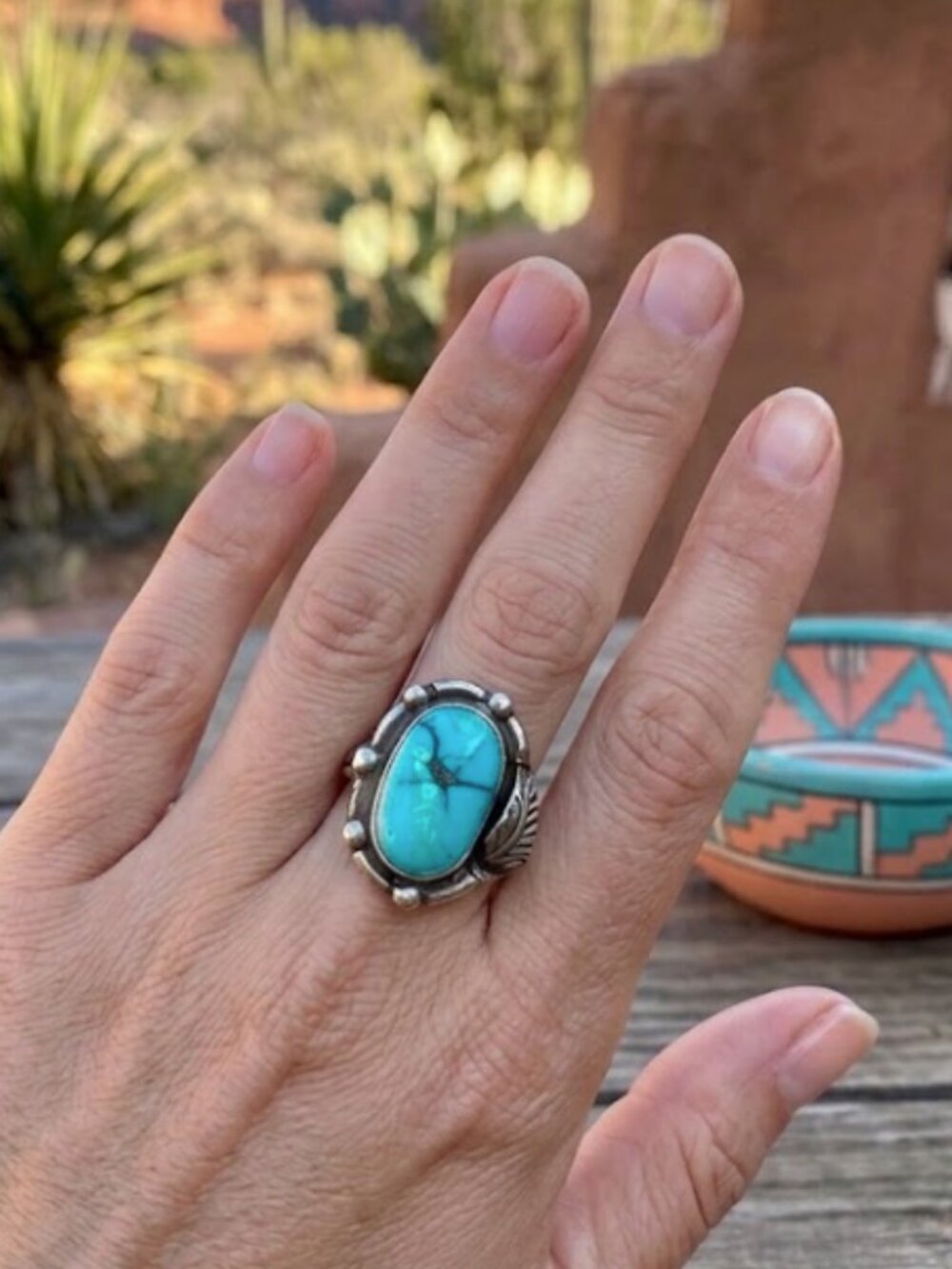 Old Vintage sterling silver Turquoise cabochon ring